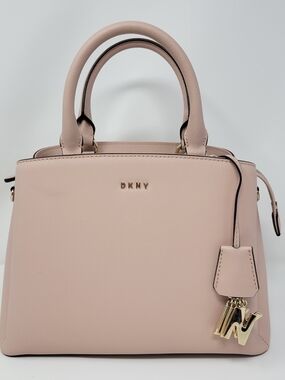 DKNY Bryant Satchel Bag Medium Beige Saffiano Leather Top Zip Purse